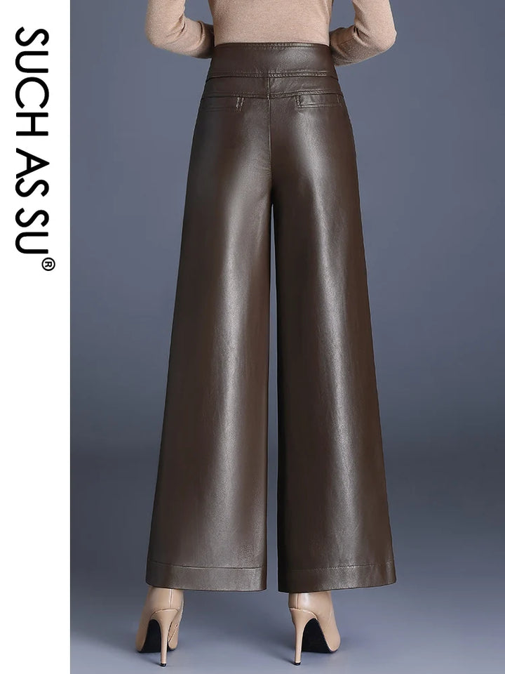 Slim Fit PU Leather Ankle-Length Culottes with Elastic Waist and Pockets - High Quality Women's Pants