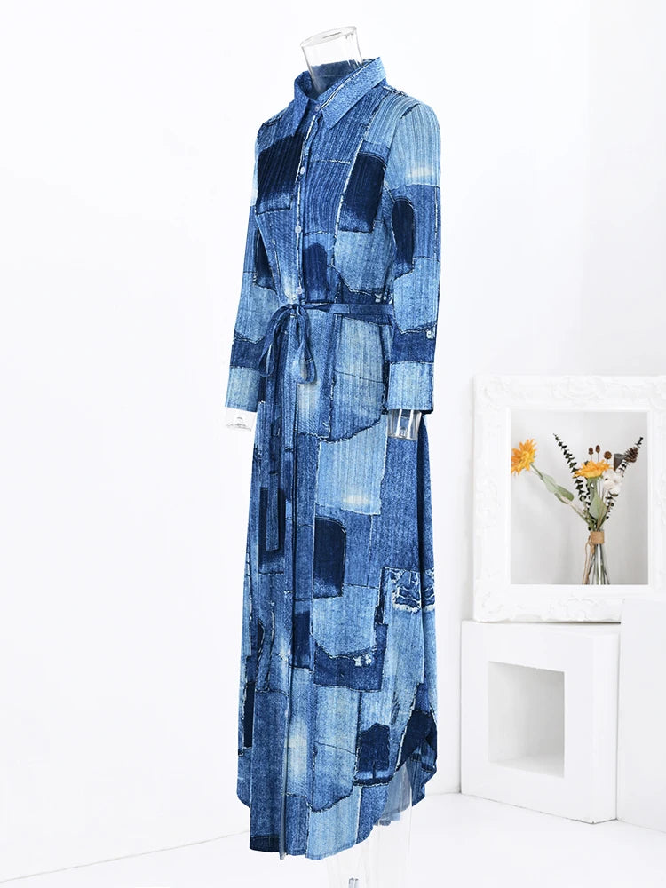 LANMREM Contrast Color Pleated Long Dress - Spring 2024 Fashion. Lapel, Print, Belt. Sizes: One Size. Bust: 92-148cm.