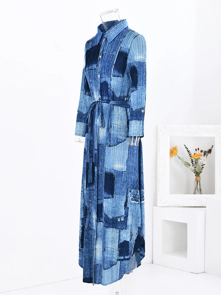 LANMREM Contrast Color Pleated Long Dress - Spring 2024 Fashion. Lapel, Print, Belt. Sizes: One Size. Bust: 92-148cm.