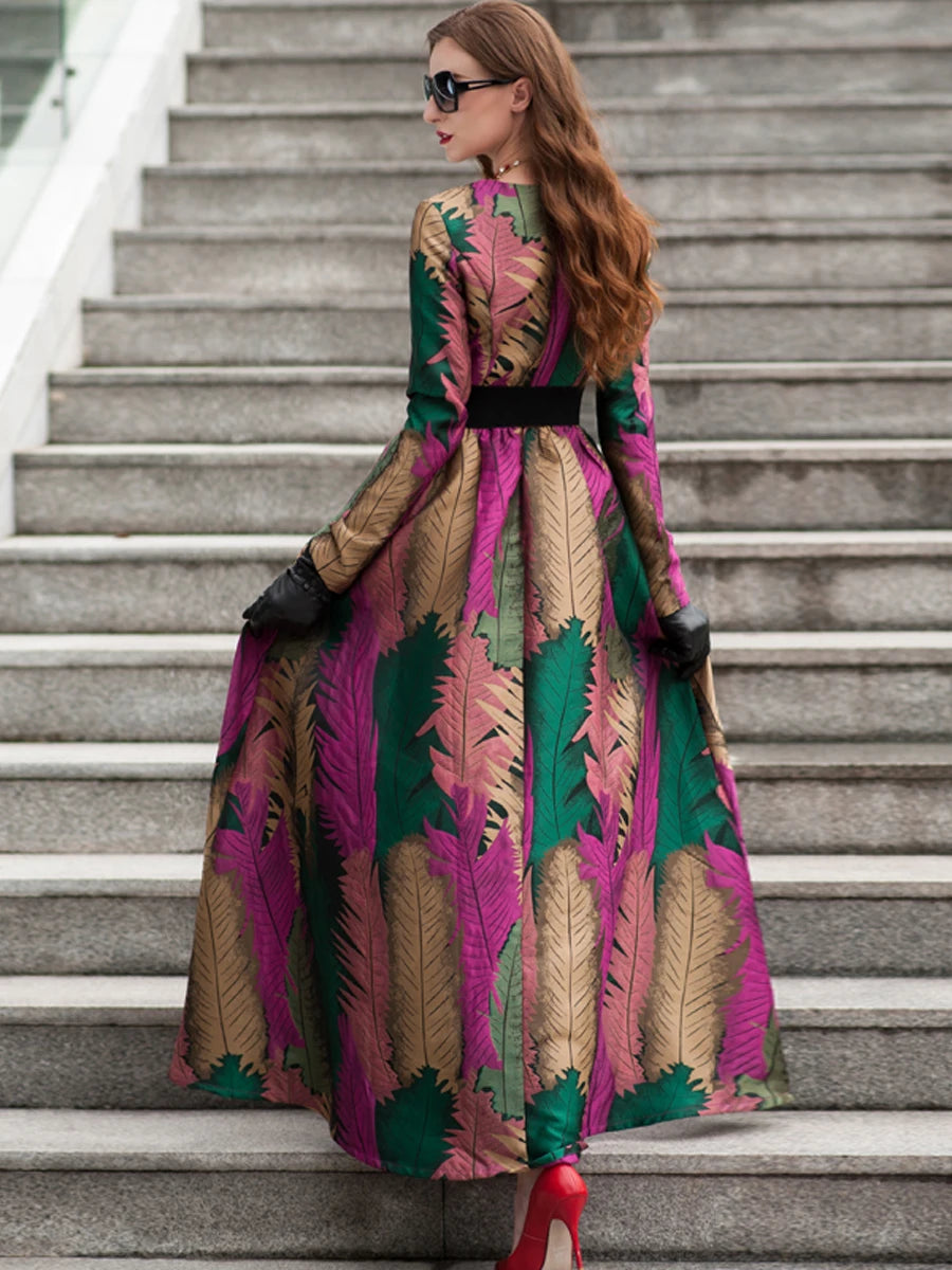 Elegant Floral Jacquard Maxi Dress for Women - Autumn/Winter 2023