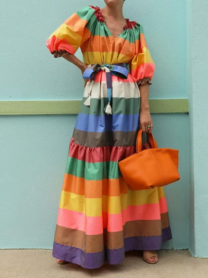 Elegant Multicolor Striped Maxi Dress with Puff Sleeves and V-Neck for Women - Perfect for Parties and Special Occasions
