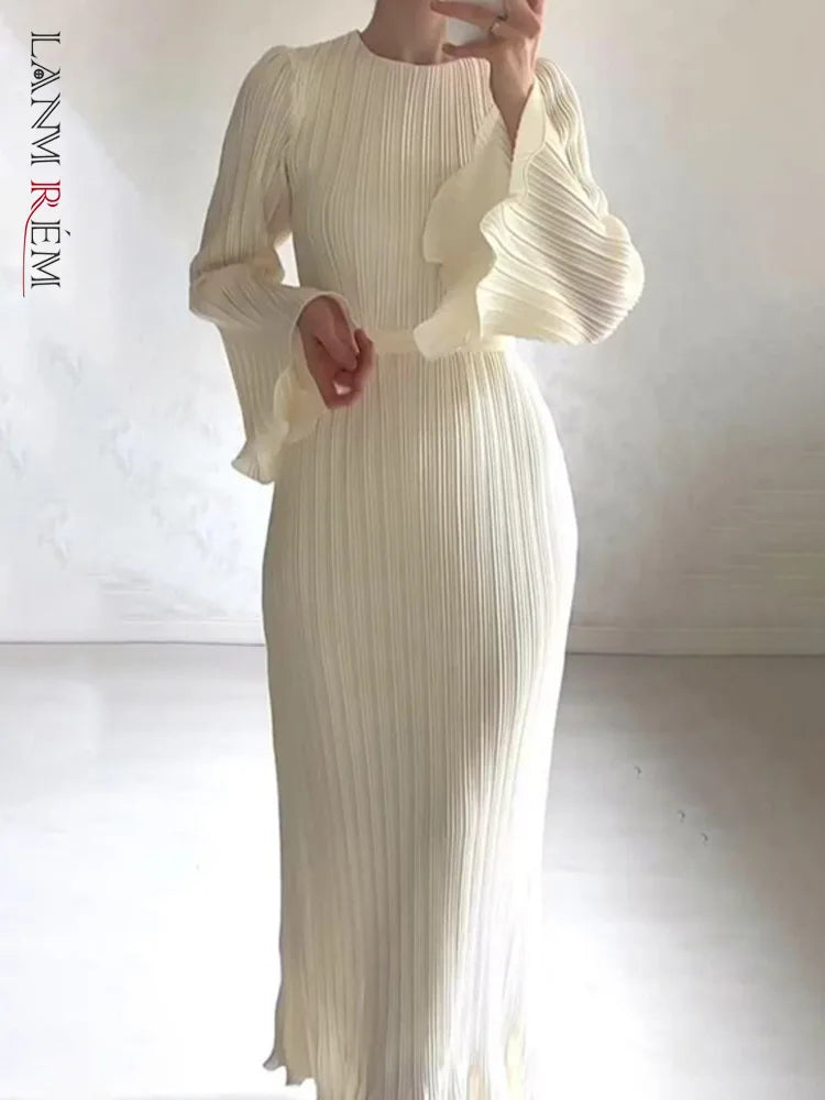 LANMREM Elegant Pleated Dress - Spring 2024 Collection - Sizes S-2XL - Solid Color - Party Dress