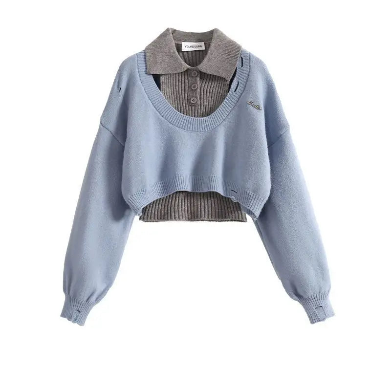 Women's Knitted Sweater Polo Neck Set
