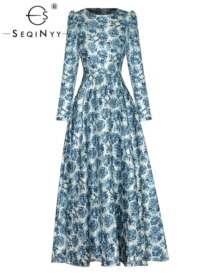 Elegant A-Line Midi Dress for Women - Vintage Jacquard Flowers - Fast Shipping