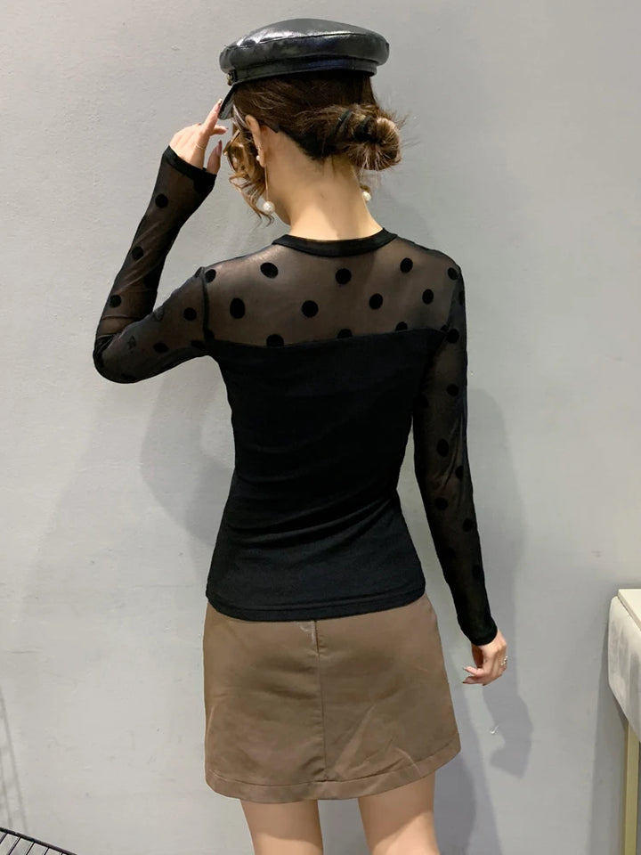 2023 Sexy Sheer Polka Dot Top - Round Neck, Long Sleeve - Flocking Women's T-shirt