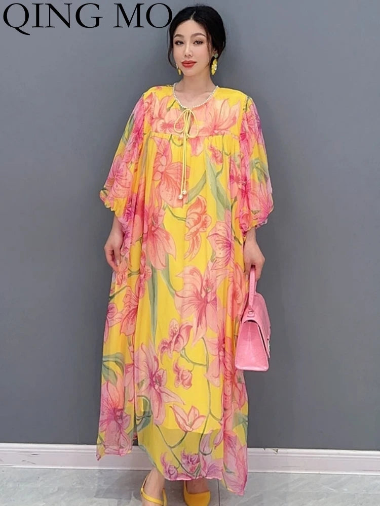 2024 Summer Chiffon Floral Dress - Elegant and Colorful Print - One Size Fits All