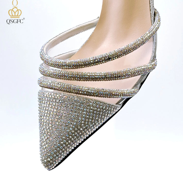 Sparkle in Silver: Elegant Diamond High Heels & Matching Bag for Weddings & Parties