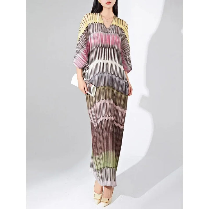 GGHK Miyake Pleated Striped Dress Women V Neck Batwing Sleeve Loose Medium Long 2023 Autumn New Fashion Elegant Female Clothing