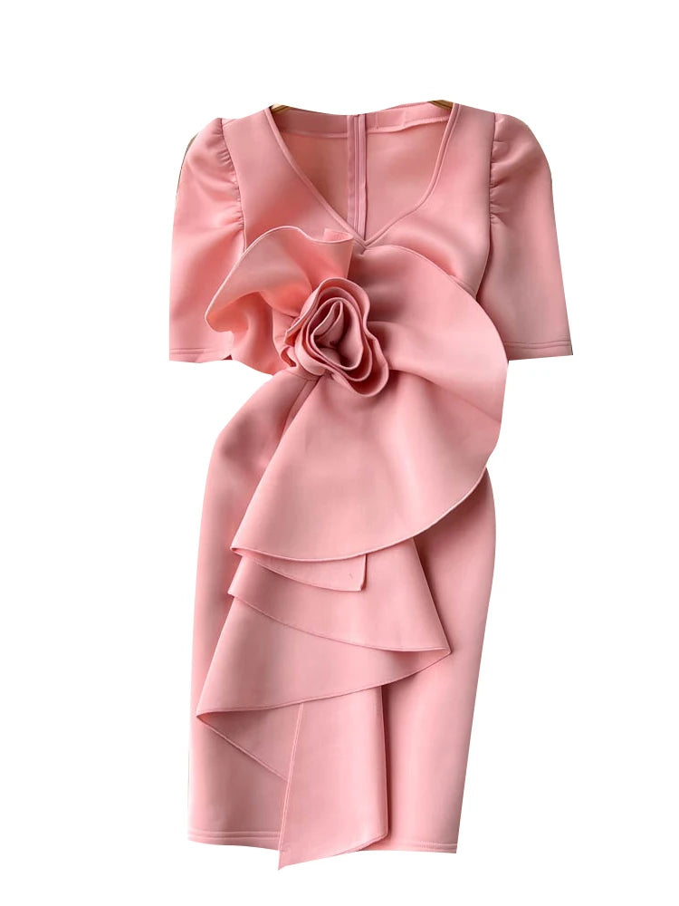 XFPV Women V-neck 3D Flower Ruffle Dress Y2K Sweet Korea Spring Summer 2023
