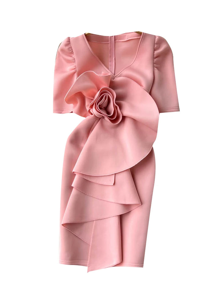 XFPV Women V-neck 3D Flower Ruffle Dress Y2K Sweet Korea Spring Summer 2023