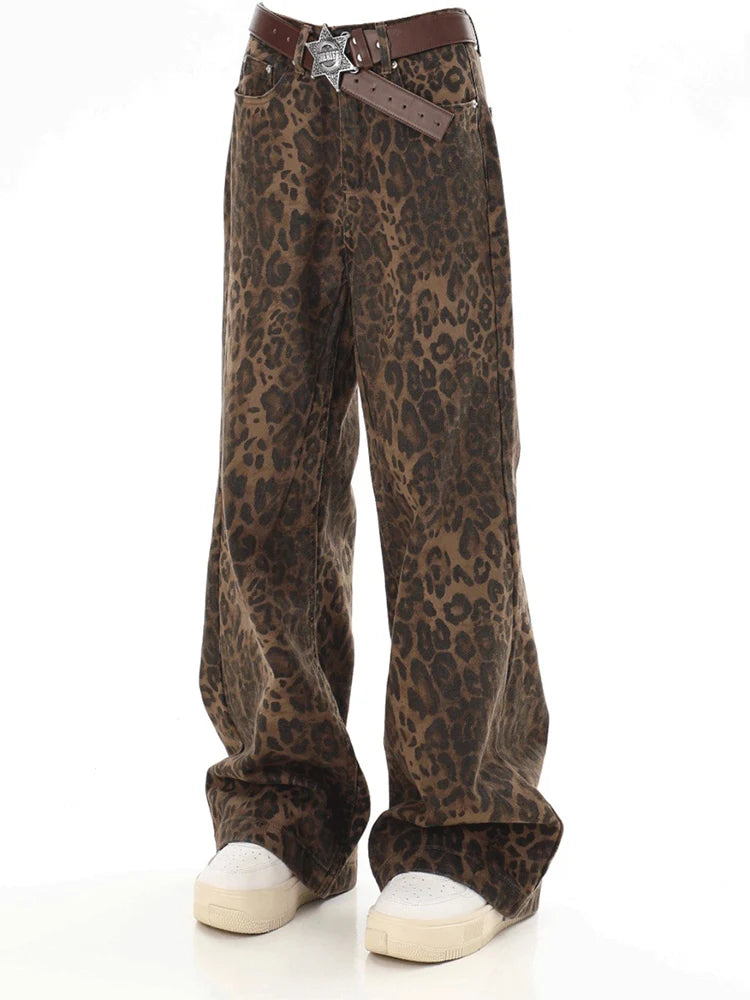 Get Ready to Roar in These Y2K Leopard Print Jeans - Perfect for Streetwear!