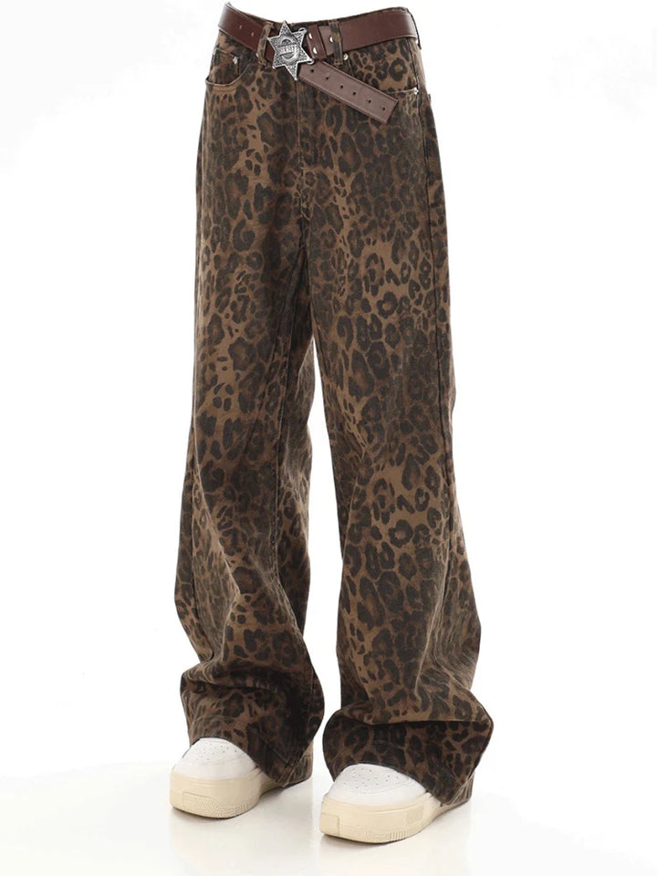 Get Ready to Roar in These Y2K Leopard Print Jeans - Perfect for Streetwear!