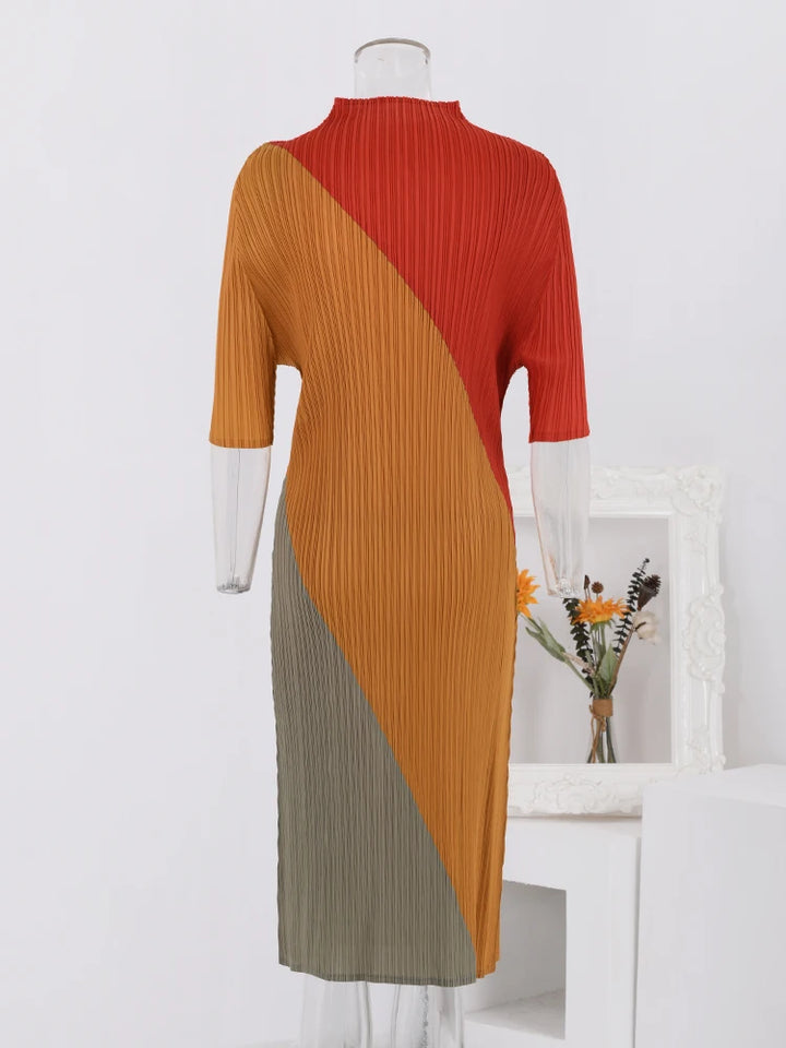 LANMREM Color Block Pleated Dress - Fashionable 2024 Spring Clothing for Women - Stand Collar, Slim Fit, Half Sleeves - Sizes 90-130cm - 32C110