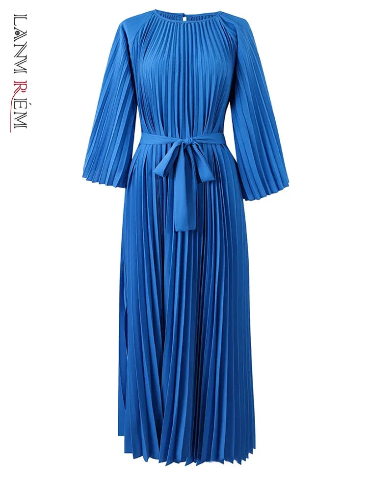 LANMREM Casual Solid Color Pleated Dress