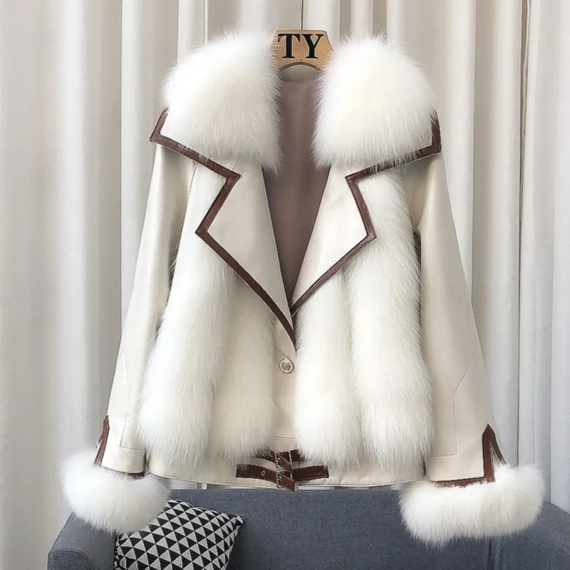 ZDFURS*High-End Imported Whole Leather Fox Fur Fur Coat Women's Short Haining New Motorcycle Sheepskin down Jacket Coat