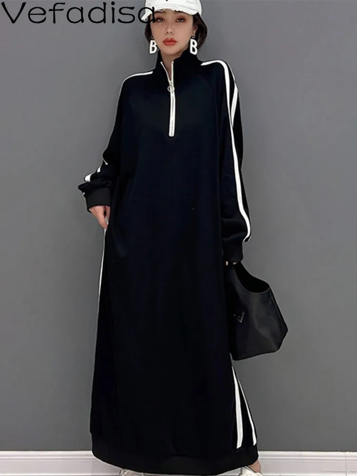 2024 Spring Autumn Turtleneck Dress - Black Stripe - Vefadisa Woman