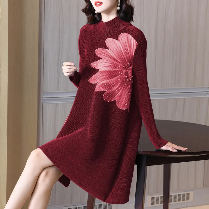 Autumn Winter 2023 Pleated Dress - Velvet Print, Loose Fit, Half-High Collar, Large Size