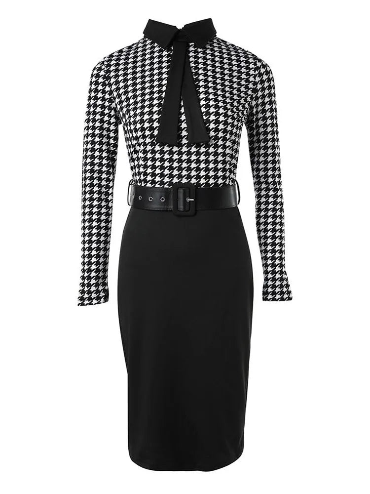 Stylish 2023 Women's Houndstooth Work Dress with Belt and Tie Detail - Y2K Vestidos Midi