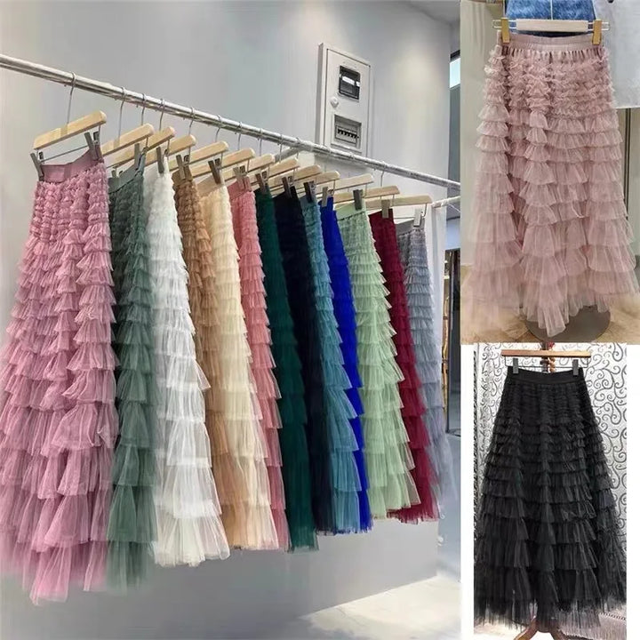 Elegant Vintage French Skirt - Designer Mesh Ruffles, Cascading Layers, Elastic Waist - Perfect for Parties and Nights Out!