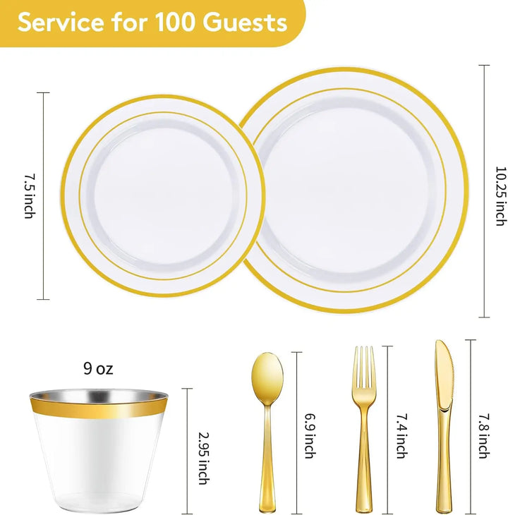 Goodluck 600 Pieces Gold Disposable Plates for 100 Guests, Plastic Plates for Party, Dinnerware Set of 100 Dinner Plates, 100 Sa