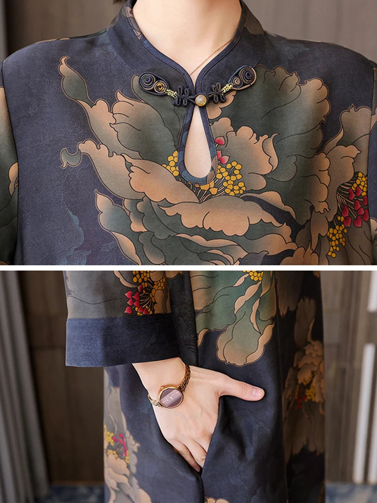 Stylish Autumn Floral Maxi Dress | Silk, Long Sleeve, Loose Waist | Korean Vintage Night Dress | 2024 Collection