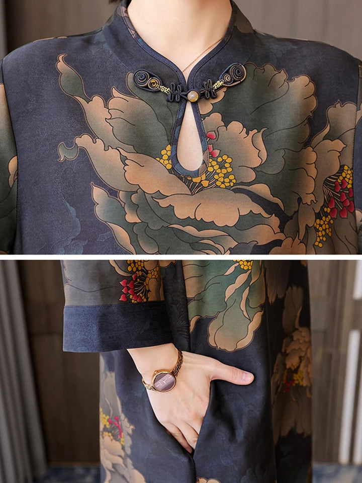 Stylish Autumn Floral Maxi Dress | Silk, Long Sleeve, Loose Waist | Korean Vintage Night Dress | 2024 Collection