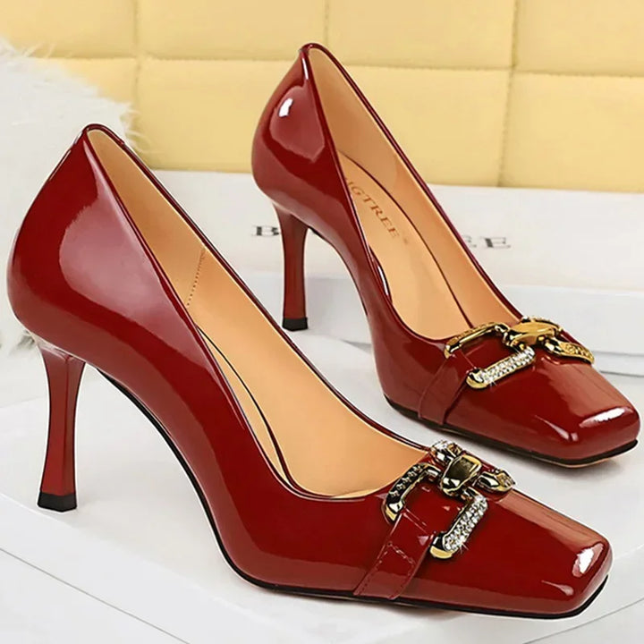 Luxury Designer Wedding Heels - 8.5cm High, Square Toe, Metal Chain - Nude/Burgundy