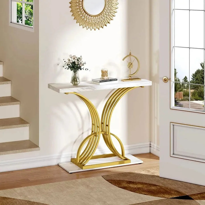 DEXTRUS 40in Gold Narrow Console Table Side  with Faux Marble Top for Living Room Entrance Hallway Entryway