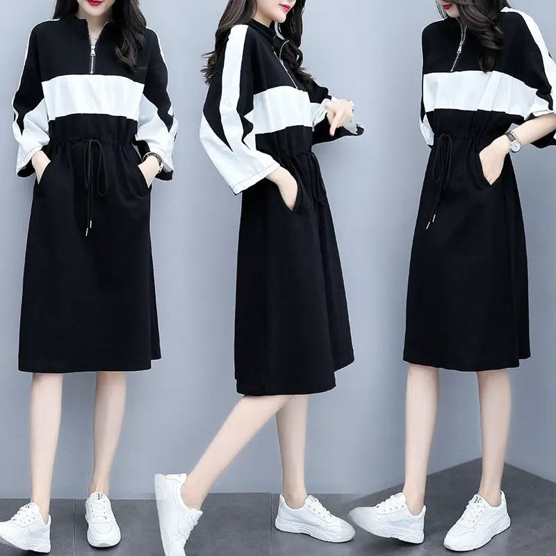 Korean Zipper Midi Dress - Loose Fit & Contrasting Colors - Women's Fashion