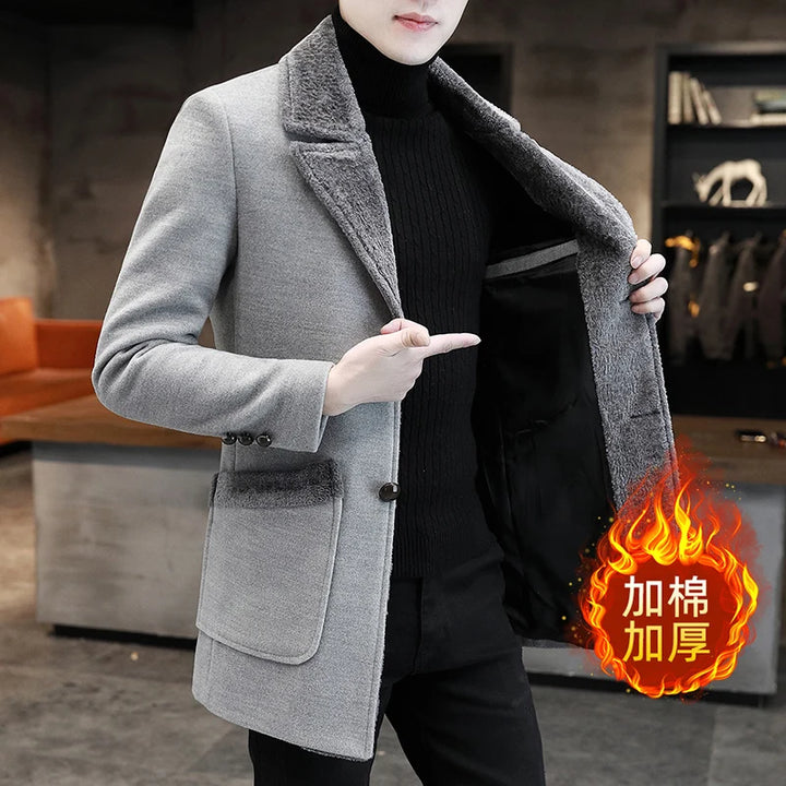 Top Winter Men's Mid-Long Woolen Coat Business Casual Overcoat Solid Color Cotton Thicken Windbreaker Outwear Warm Trench Jacket