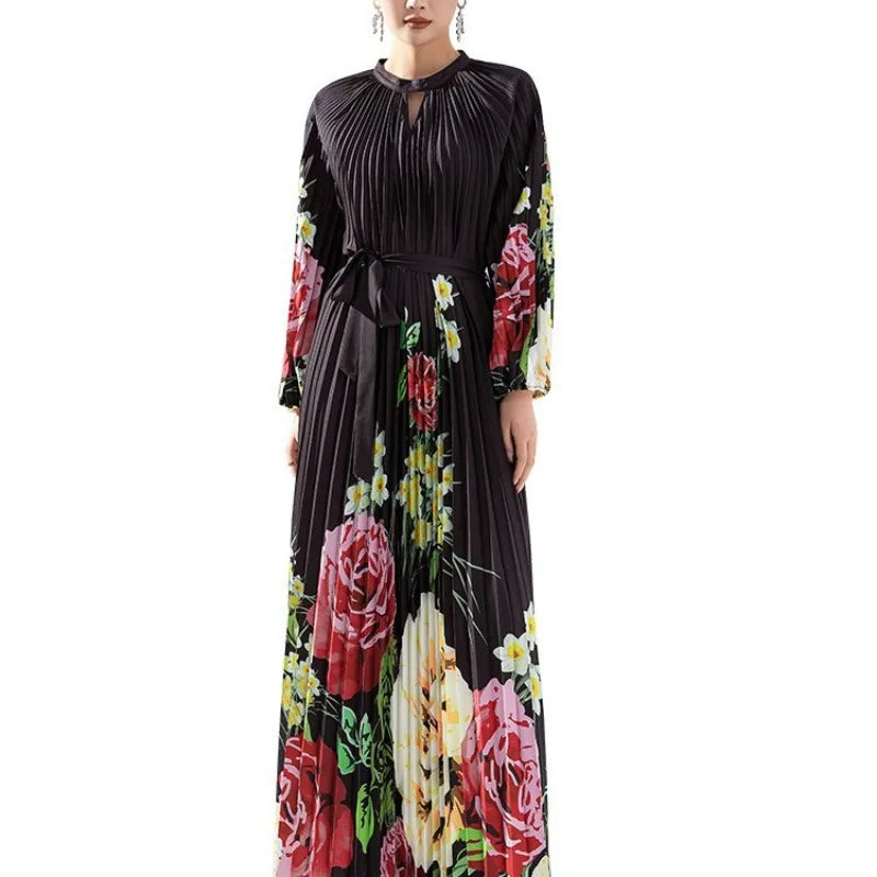 2024 Miyake High End Printed Pleated Dress - Long Formal with Waist Tie Up