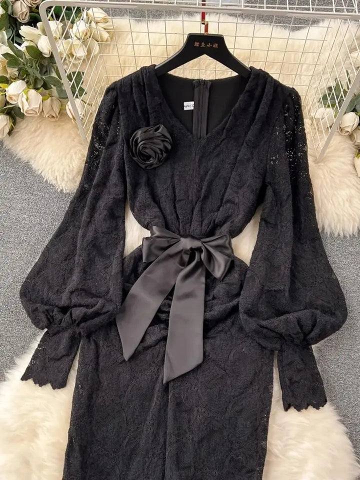 Sexy Split Flocking Lace Dress - V Neck Floral Lace Up Belt