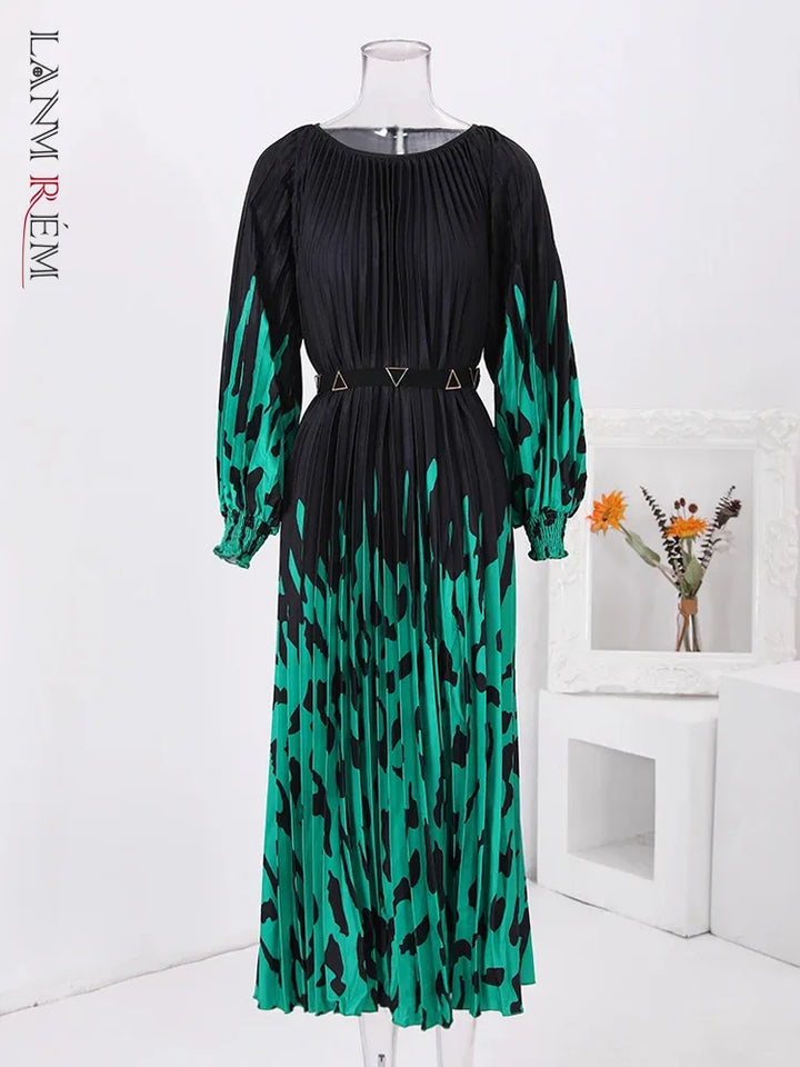 LANMREM Retro Print Pleated Long Dress For Women Lantern Sleeves Contrast Color Dresses Fashion 2024 Summer New Clothing 32C788