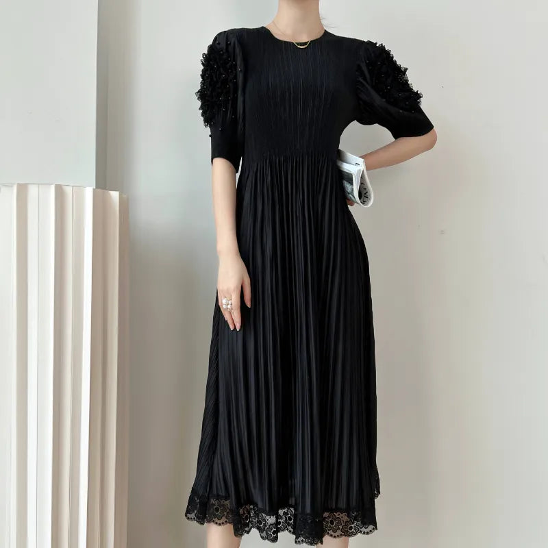 2023 YUDX Miyake Spring/Summer Dress - Pleated, Round Neck, Bubble Sleeve - Sexy Party Fashion