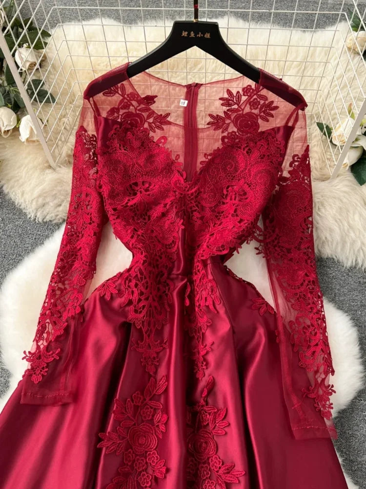 Vintage Embroidered Red Mesh Evening Dress