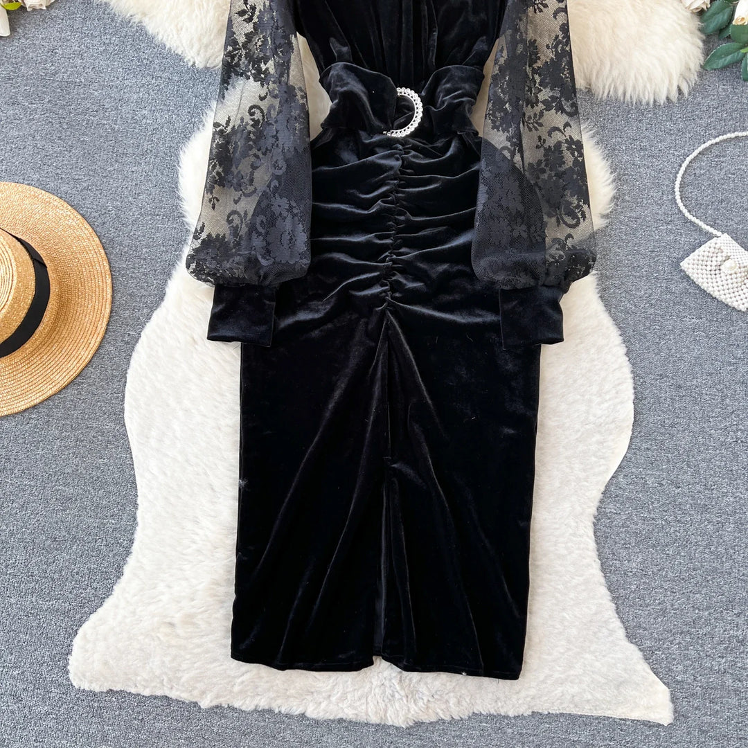 Vintage Velvet Bodycon Dress - Korean Fashion