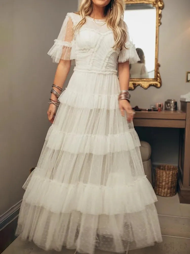 Vintage High Waist Mesh Dress: Round Neck, Short Sleeve, Tiered Design - Women's Fashion