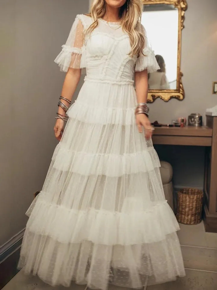 Vintage High Waist Mesh Dress: Round Neck, Short Sleeve, Tiered Design - Women's Fashion