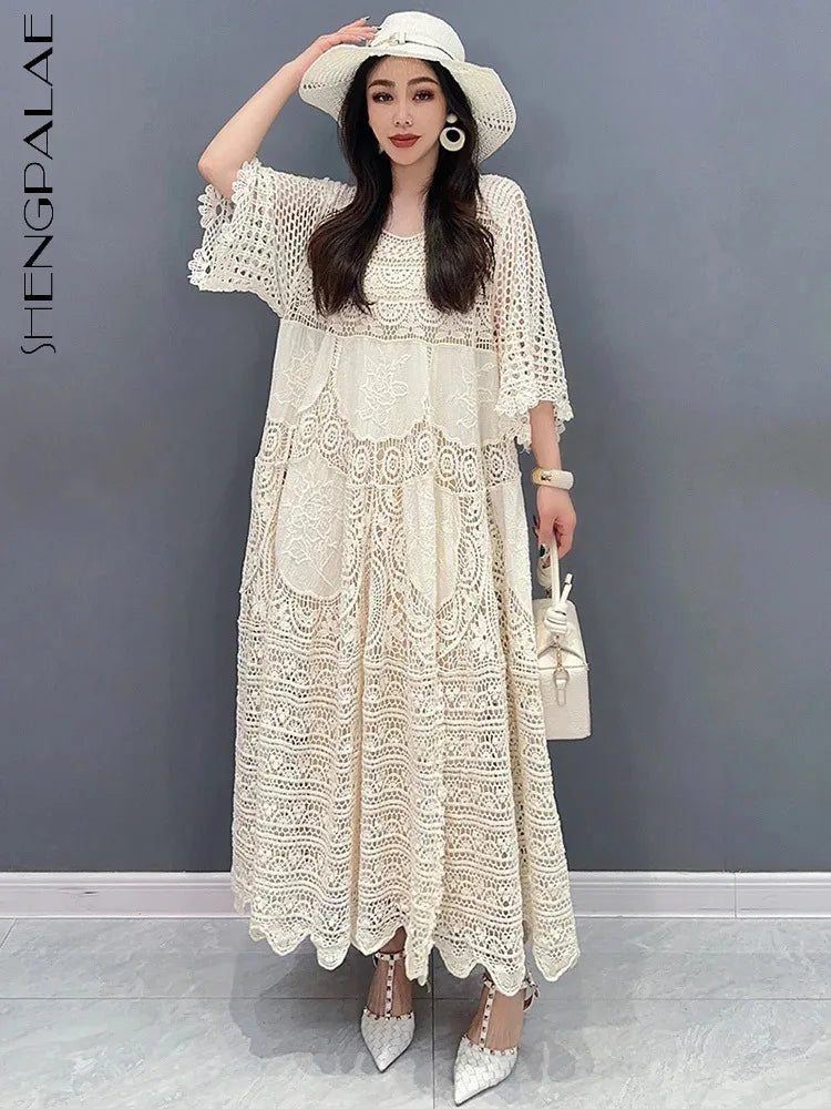 2024 Spring Summer Lace Dress: Elegant Lady Fashion with Mid Sleeves, Large Hem, and Hollow Out Design