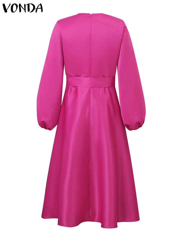 Elegant VONDA Satin Party Dress with Long Lantern Sleeves and Pleated Midi Skirt - Casual Loose Solid Robe with Belt