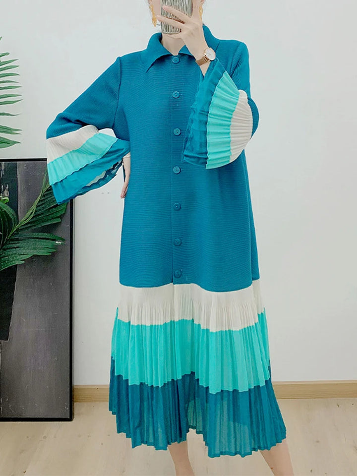 LANMREM 2024 Spring Striped Pleated Dress - Loose Fit, Lapel, Flare Sleeves, Single Breasted