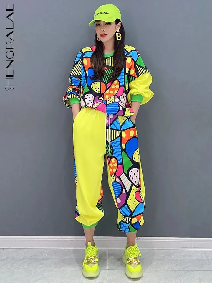 Spring Printed 2-Piece Set: Loose O-Neck Top & Drawstring Pants - SHENGPALAE 2024