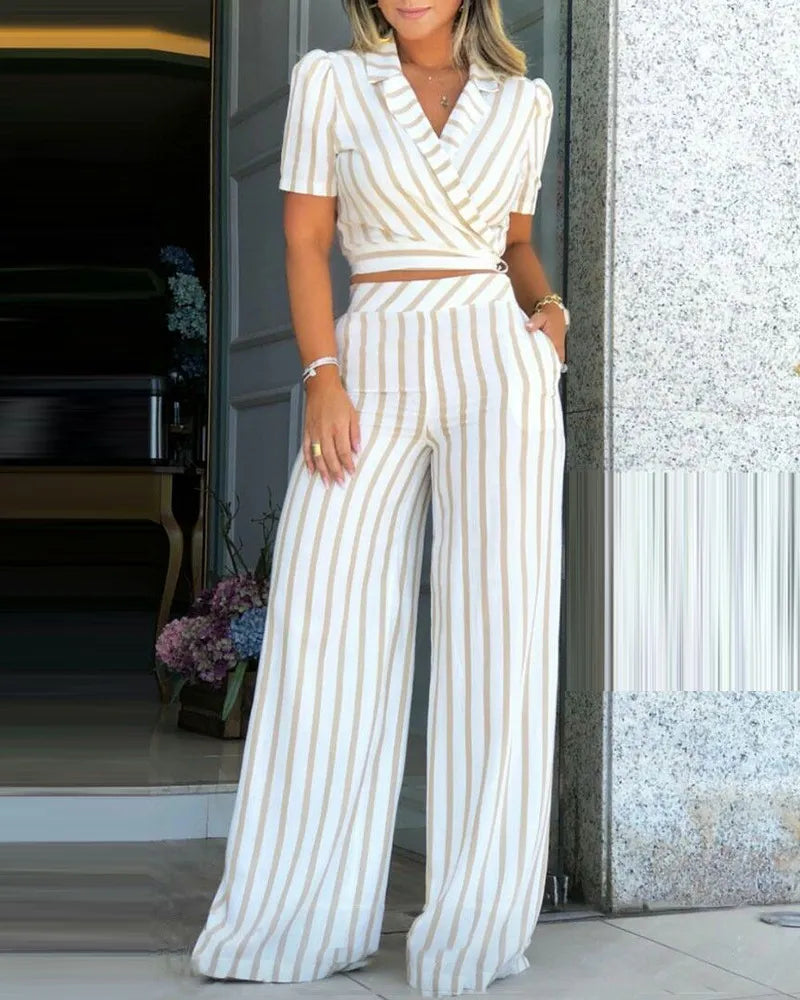 Upgrade Your Office Look with our Striped Two Piece Set for Women - Short Sleeve Top and Wide Leg Pants