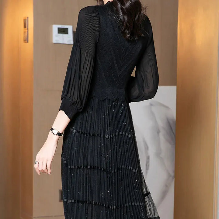 Elegant V-Neck Knitted Dress - Spring/Autumn Collection