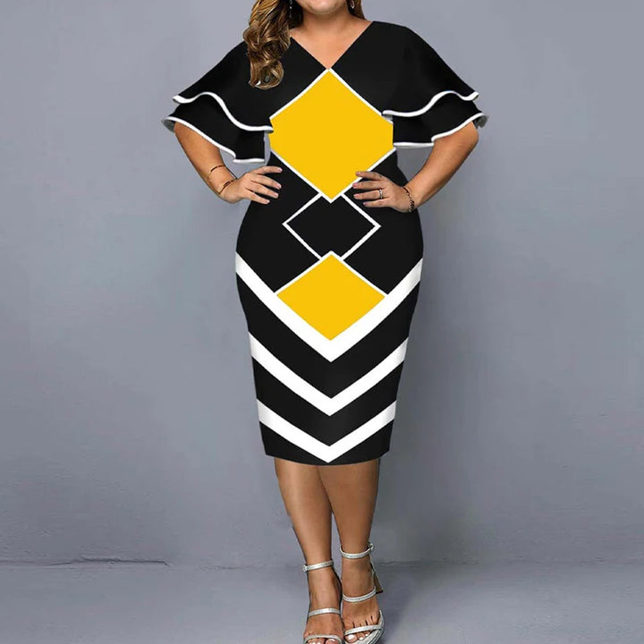 Elegant Plus Size Midi Dress - Summer Fashion for Women - V-Neck, Ruffles, Bodycon - 5XL