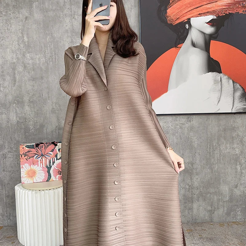 LANMREM 2024 Spring Dress - Pleated, Turn Down Collar, Loose Fit, Khaki - Great Gift for Mother!