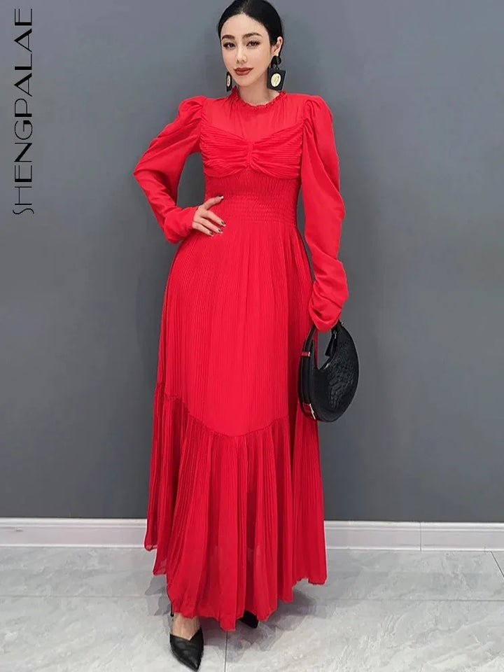Stunning SHENGPALAE Red Dress - 2024 Spring/Summer Fashion - Large Hem & Pleated - Beautiful & Elegant - Sizes Up to 5XL