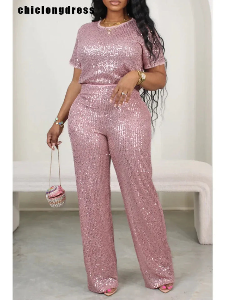 Stylish Autumn Sequin Two Piece Set for Women - Short Sleeved Tshirt & Wide Leg Pants