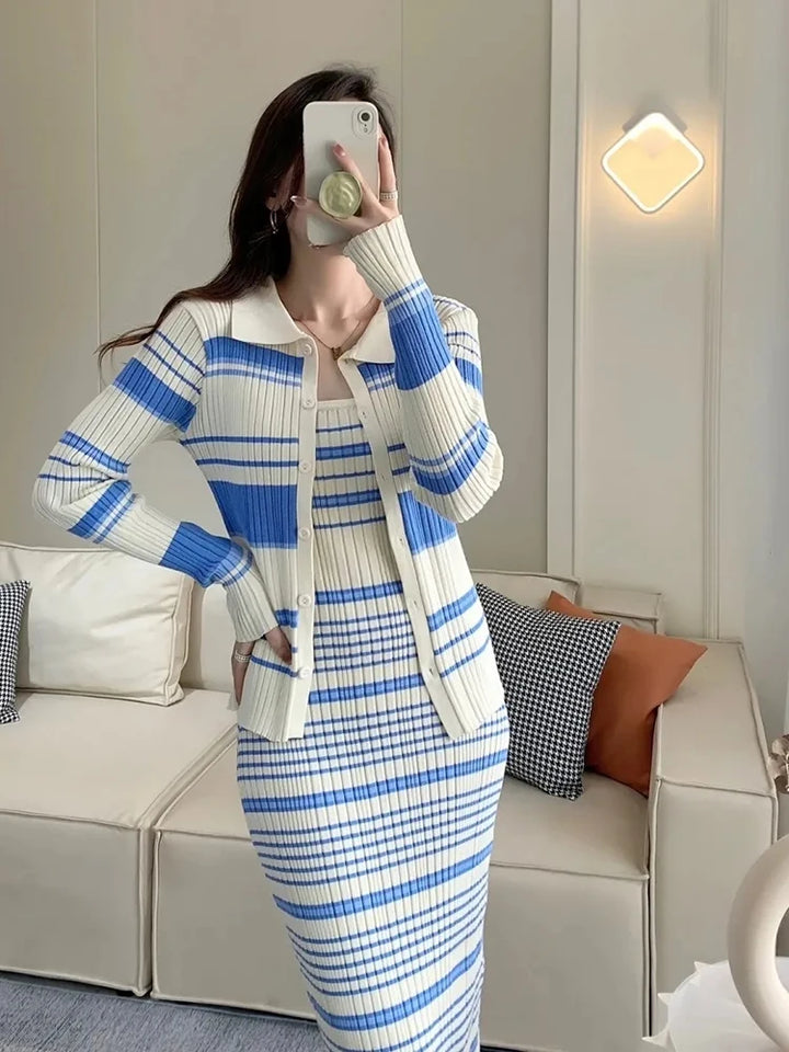 Korean Strip Knitwear Dress 2 Piece Set Elegant Long Sleeve Zip Knit Cardigan Outfit Sleeveless Hip Wrap Vestidos Conjuntos