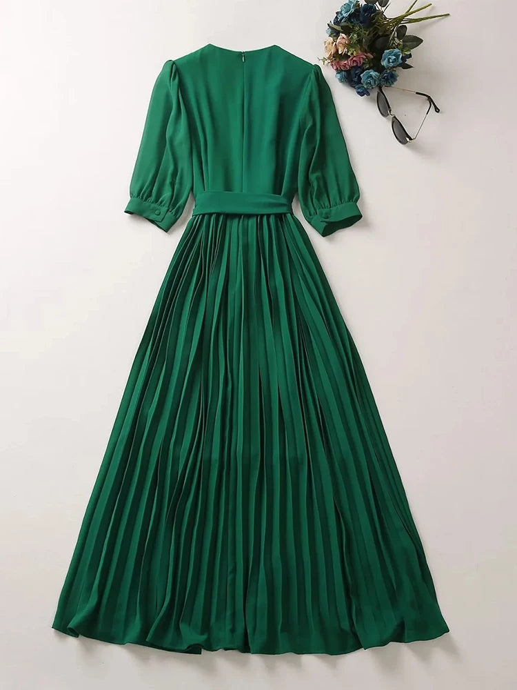 Green Summer Party Dress for Women - Elegant Floral Beading, Pleated, Holiday Robe - XXL